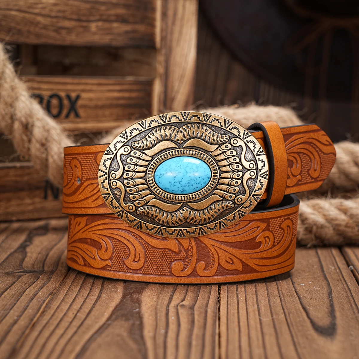 Western Cowboy PU Leather Belt - Men Waist Strap Bull Decoration Floral Engraved for Jeans