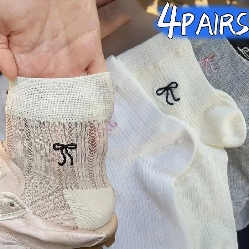 

4/1pairs Kawaii Socks for Women Summer Thin Mesh Embroidered Bow Breathable Low Cut Socks Girl Sweet Cotton Versatile Short Sock