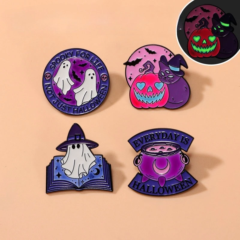 Halloween Luminous Brooch Cartoon Alloy Fluorescent Pumpkin Black Cat Ghost Badge Pin DIY Clothes Bags Hat Scarf T-shirt Jeans