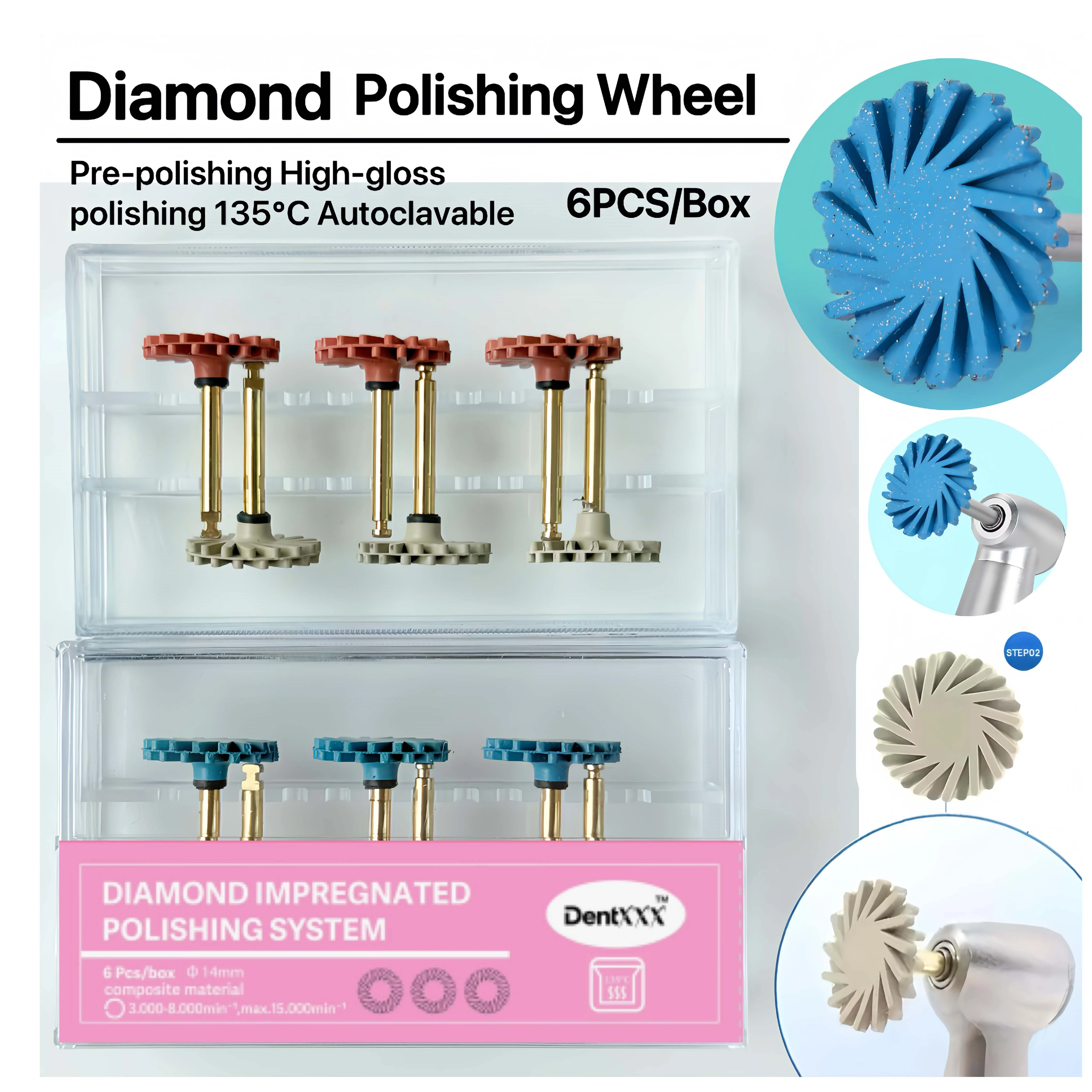 ชุดขัดล้อไซโคลนยาง 6 ชิ้น/กล่อง ขนาด 14 มม. ก้านขนาด 2.35 มม. สำหรับขัดวัสดุผสมความเร็วต่ำให้ความเงางามสูง