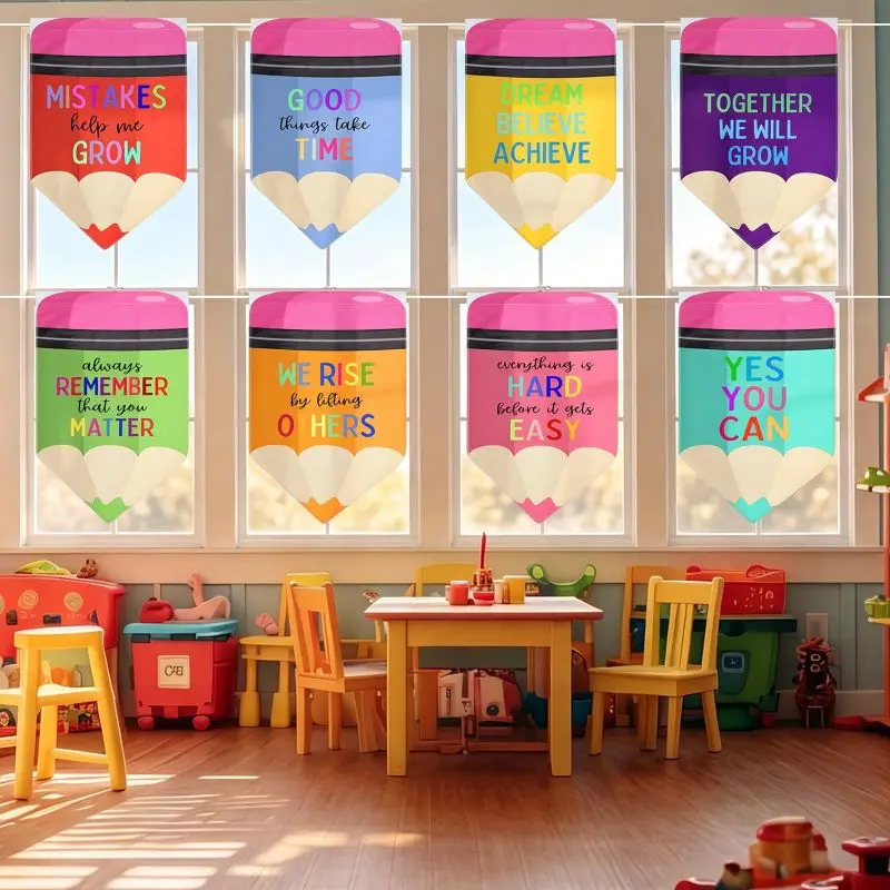 VIKAMA 8Pcs Motivational Pencil Window Valance Back To School Decor Drape for Classroom Preschool Kids Room Window Decor