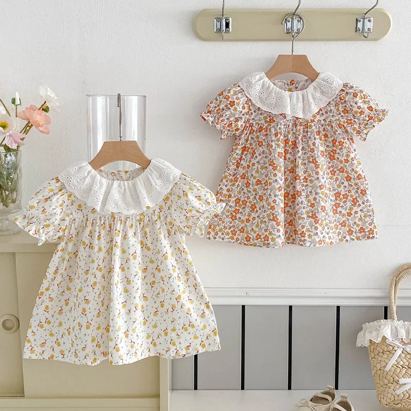 2025 New Summer 0-4Yrs Baby Girl Party Dress Sleeved Cotton Flower Print Kids Princess Dresses Children Clothes Sister Clothing