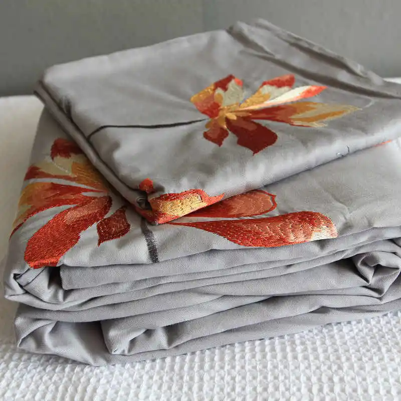 

High Qualit 100% Cotton Embroidered Bedding sets,Solid Grey Color Premium Cotton Duvet Covers, Floral Printed Bedding set