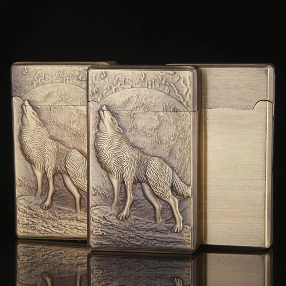 Vintage Collection Engraved Wolf Metal Lighter Butane Cigarette Accessories Windproof Refillable Gas Jet Lighter Gadget Men Gift