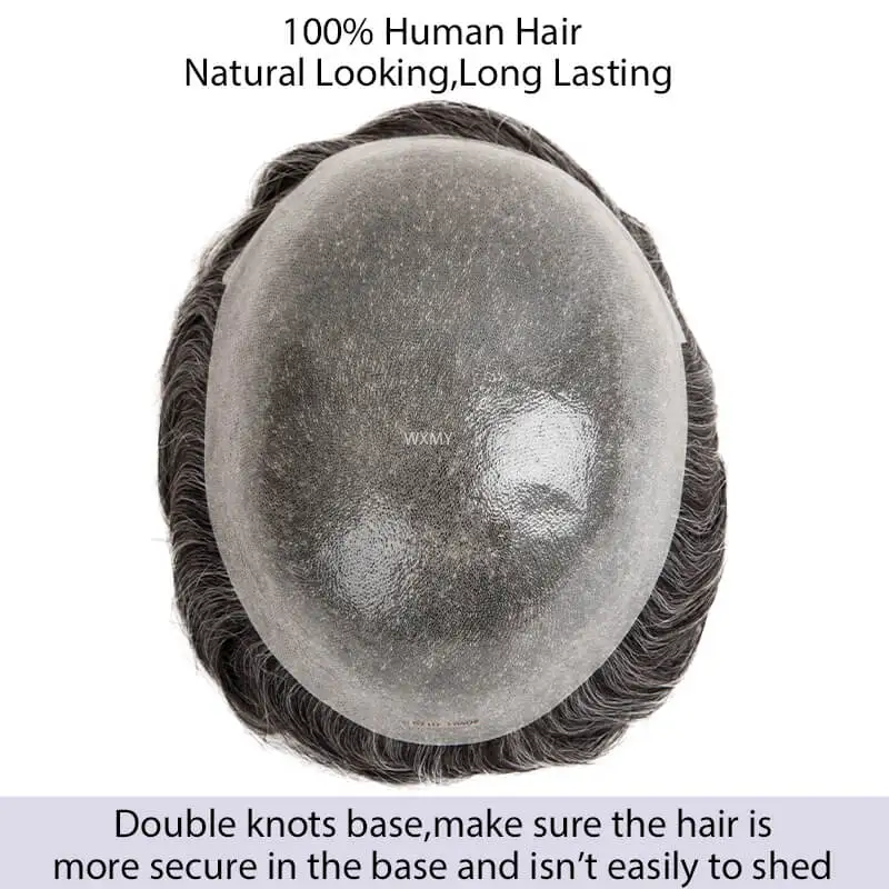 Toupetje Haar Man Pruik 0.06-0.08mm Huidbasis Mannen Toupet Dubbele Knopen Mannelijke Haarprothese 100% Natuurlijk Menselijk haar Mannelijke Pruiken Systemen