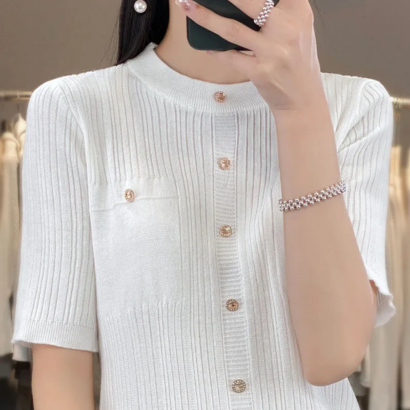 Summer women\'s pure cotton sweater O-neck short sleeved knitted short sleeved solid color casual short sleeved women\'s top