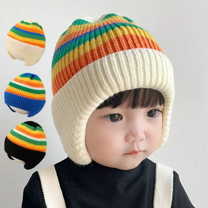 

Winter Baby Knit Hat Striped Rainbow Beanie Cap for Toddler Boys Girls Colorful Kids Warm Ear Protection Caps Bonnet