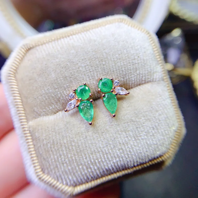 100% Natural Emerald Stud Earrings Luxury Style 3*3 Mm 925 Silver Colombian Emerlad 3x3mm and 4x6mm