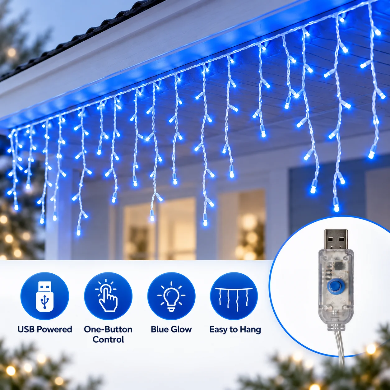 Halloween Blue Icicle Lights USB String Lights 6M 100LED 10M 200LED 8 Modes for Roof Eaves Porch Window Yard Party Spooky Decor