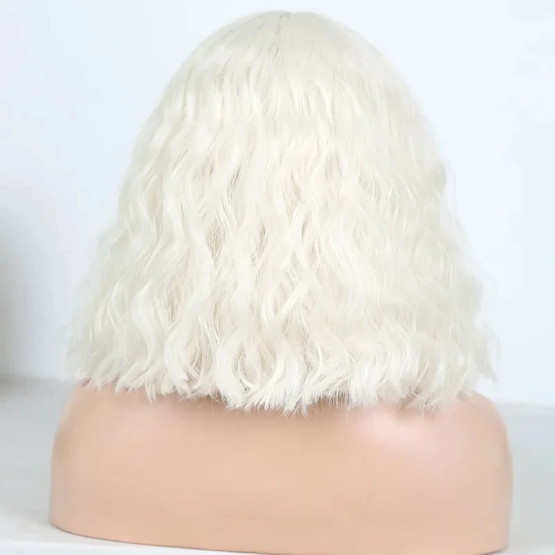 Platinum Blonde Curly Wig Bob Synthetic Hair Lace Front Wig Natural Deep Short Lace Frontal White Blonde Wigs for Women Party