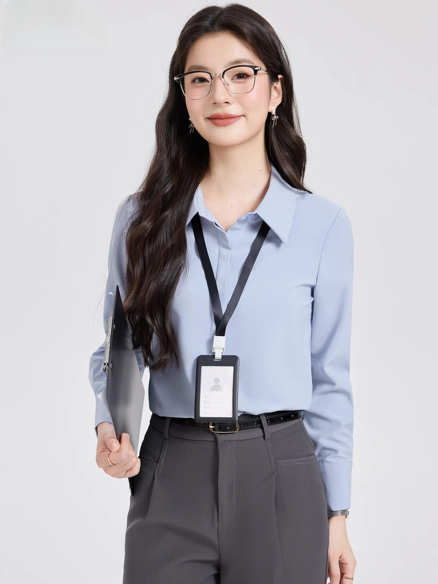 

Light Blue Professional Shirt Women's Luxury Commute Style Long Sleeve Button up Formal Interview Outfit Set Korean Version