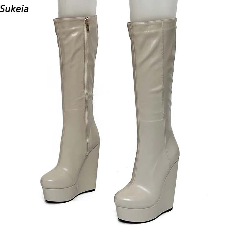 

Sukeia Handmade Women Winter Knee Boots Round Toe Full Zipper Wedges Heels Pretty Beige Grey Casual Shoes Ladies US Size 5-20