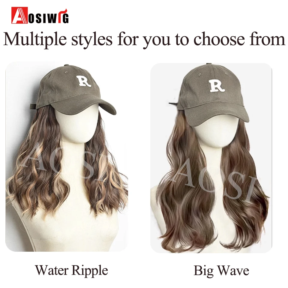 AOSI 16Inch Long Wavy Wig Synthetic Wig Baseball Cap Extensions Hat Wigs Cold Brown Adjustable Hairpiece for Women Daily Wear