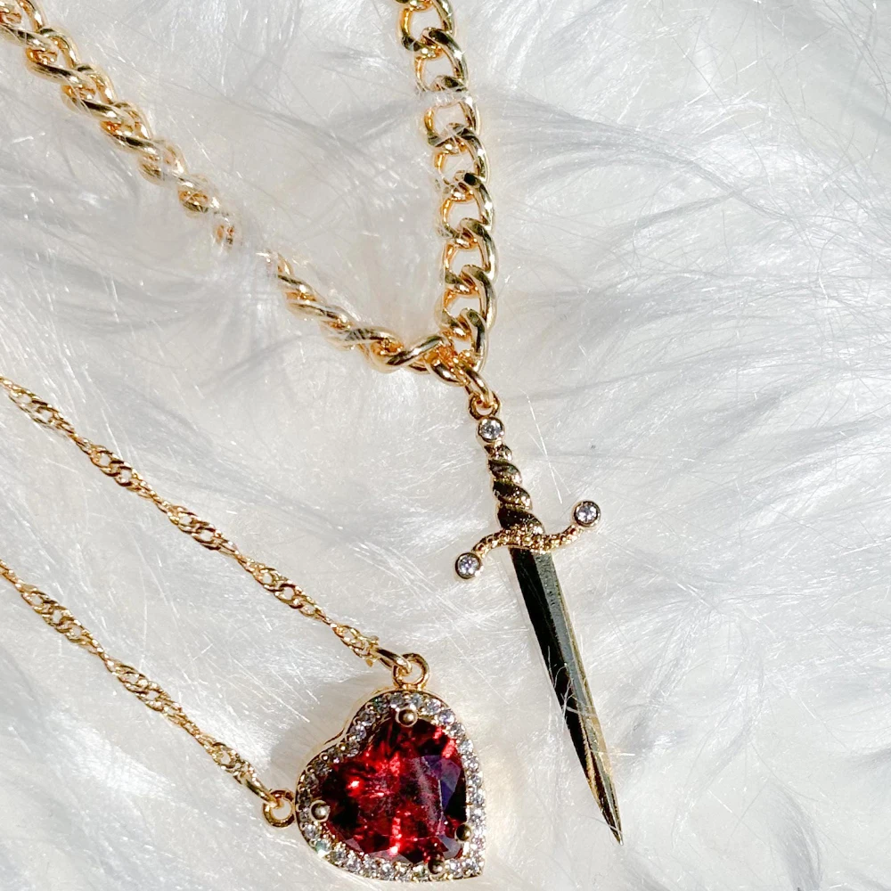 Heart and Sword Stainless Steel Necklace Double Layer Chain Crystal Charm Couple Friendship Necklaces for Women Girls