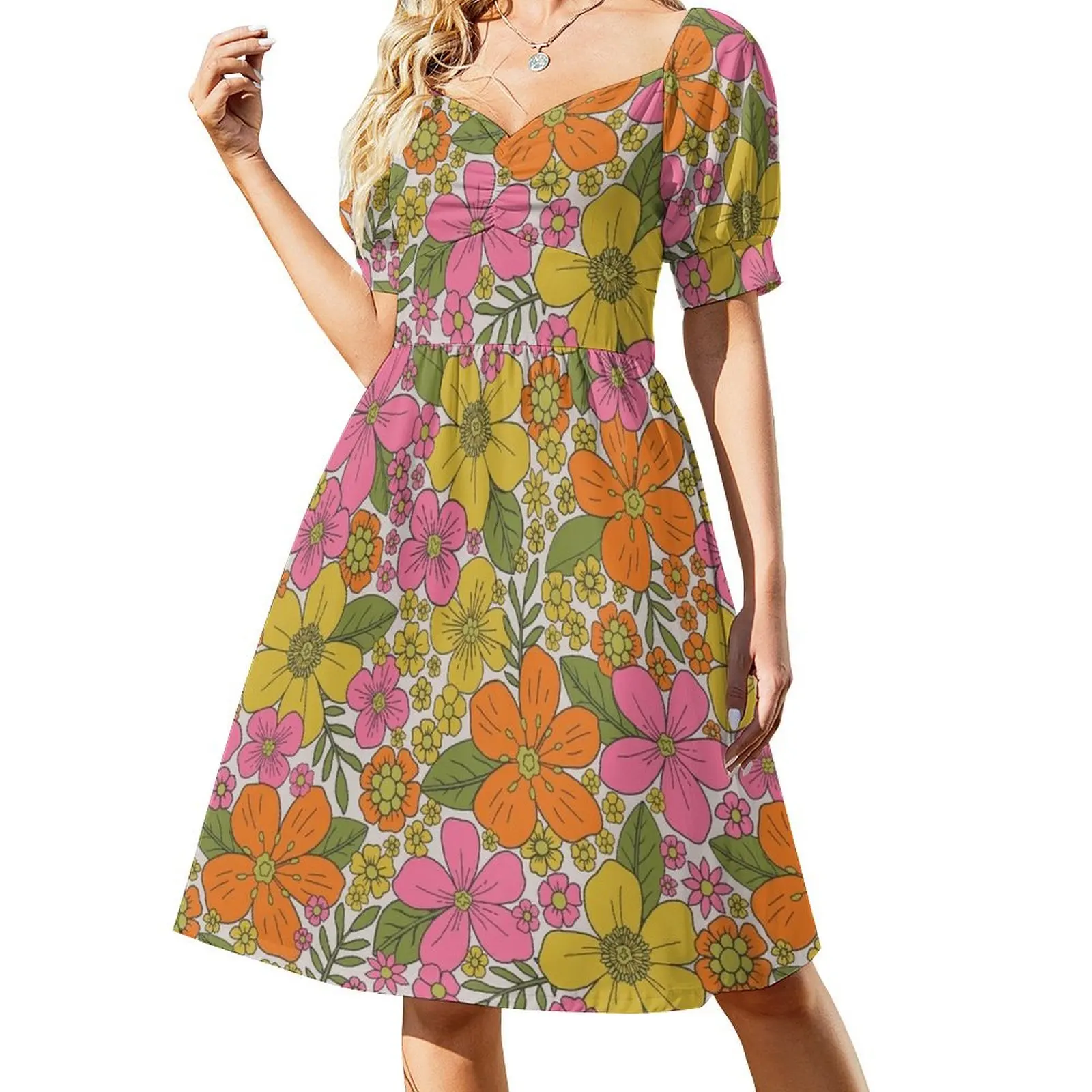 Groovy 1960s Floral Flower Power Short Sleeved Dress Summer skirt womens clothing Dress