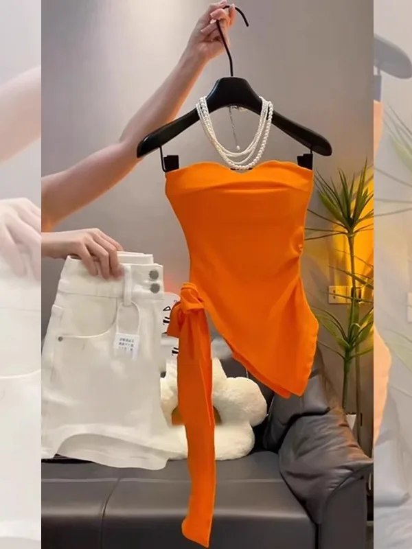 Conjunto de dos piezas de top corto y pantalones cortos naranja de verano, estilo coreano, de cintura alta, antienvejecimiento, a la moda, para ir al trabajo
