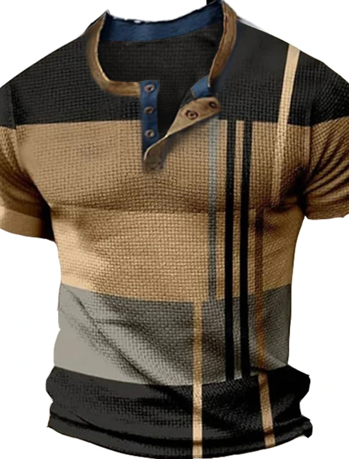 Sommer Vintage Herrenhemd mit Kreuzmuster, Kurzarm, Lässiger V-Ausschnitt, Knopfleiste, Übergroßes Herren-Patchwork-T-Shirt, Karierte Oberteile, Streetwear – Detail 10