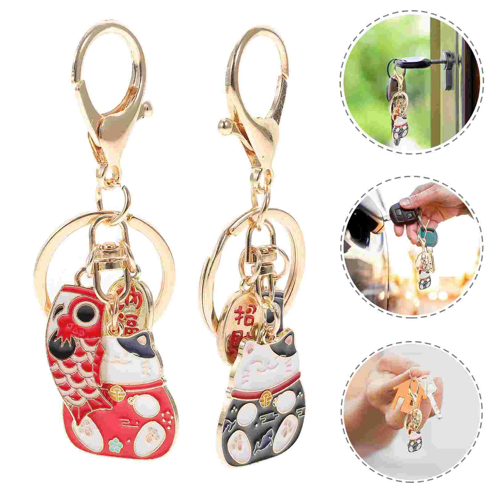 

2 Pcs Japanese Cat Keychain Red Decorative Bag Pendant Craft Accessory New Year Gift Schoolbag Decor Key