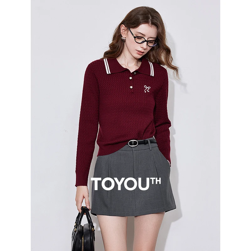 TOYOUTH-suéter de punto para mujer, Jersey de lana con cuello POLO vuelto, Ankara, rojo, manga larga, giros, primavera 2025