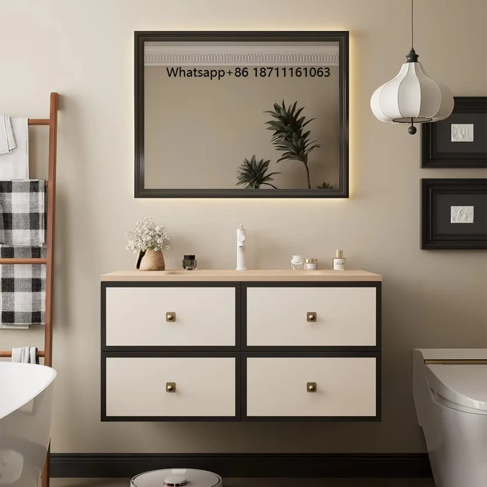 Modern Style Apartment Hotel Villa Bathroom Cabinet Combination Rock Board Hot Bending Ceramic Basin Smart Mirror Washbasin