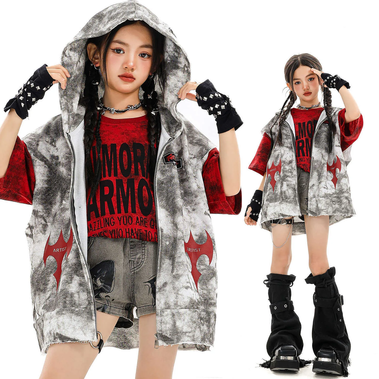 

Kid Kpop Hip Hop Clothing White Print Hoodie Vest Red Letter T Shirt Gray Casual Ripped Shorts for Girls Dance Costumes Clothes