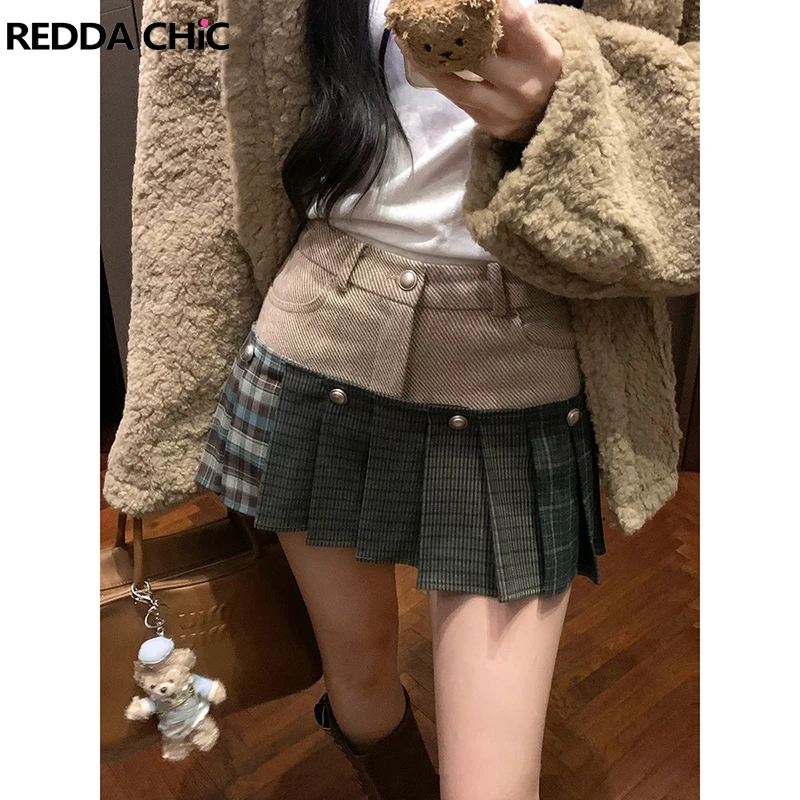 

REDDACHiC Detachable 2-Wear Plaid Skorts Women 90s Vintage Patchwork High Waist Korean A-line Pleated Mini Skirt Pants 2-In-1