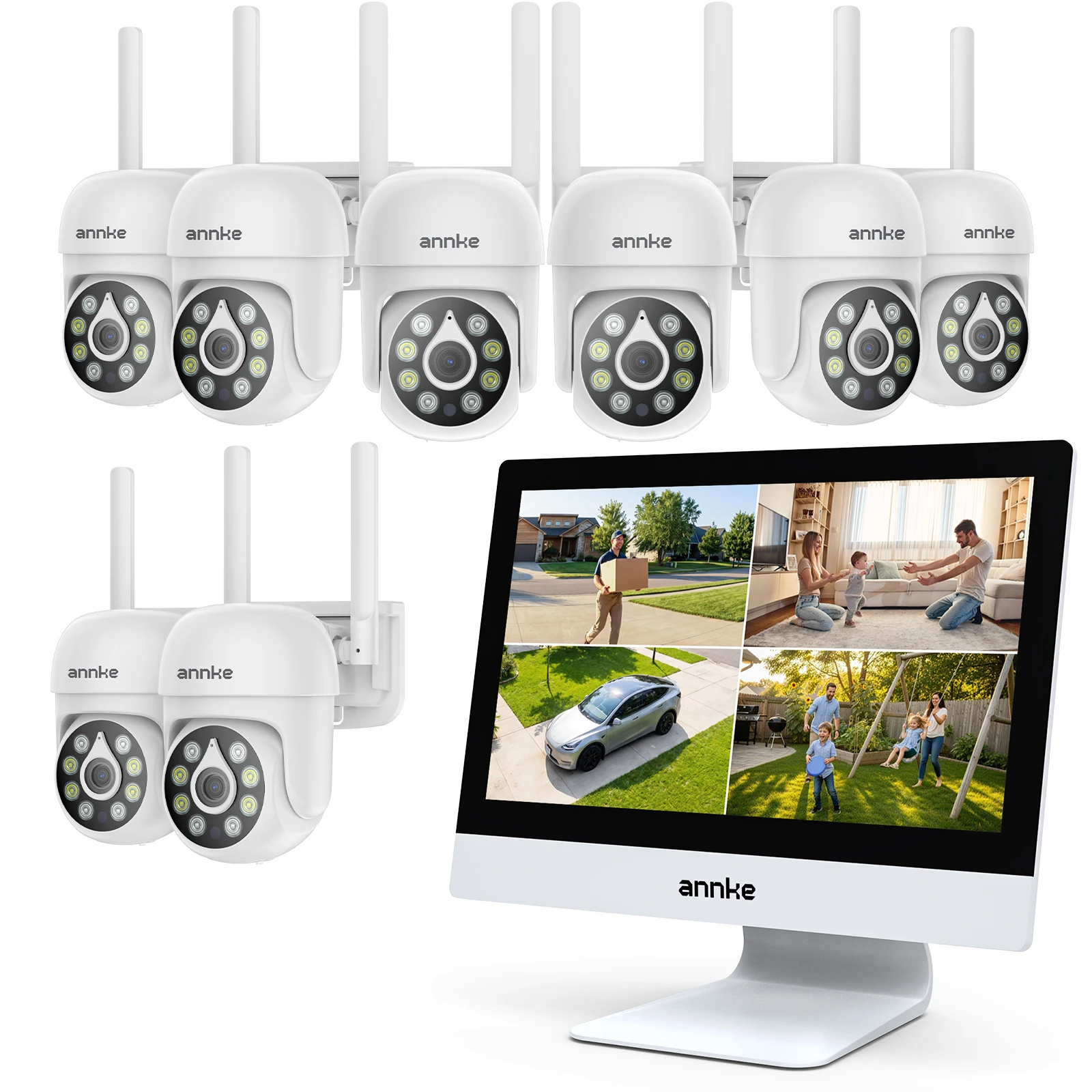 ANNKE 5MP PT Wireless 360° Pan‑90° Tilt Security System with 12″ All‑in‑One NVR Monitor , 10‑Channel, Smart Tracking, Dual‑Band WiFi, Two‑Way Audio, IP66, Expandable (2/4/6/8/10 Cameras)