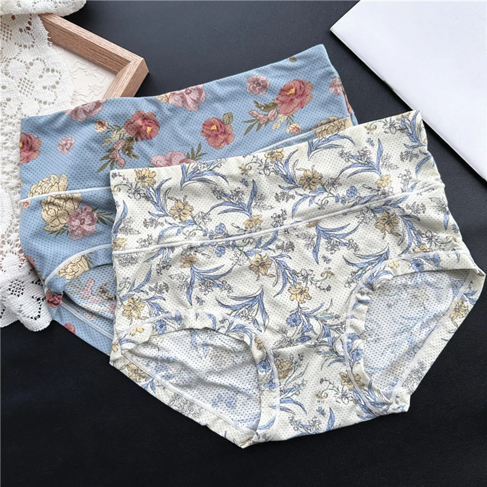 Women Panties High Waist Floral Print Comfortable Ice Silk Breathable Lingerie Lace Erotic Transparent Panties Thong