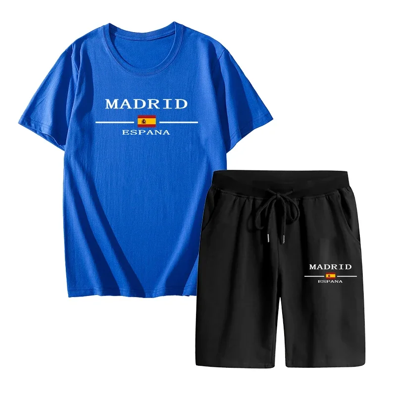 2025 Madrid Spain Pattern T-shirts 2pcs Set High Quality Pure Cotton Tops and Quick Dry Shorts Mens Casual Sports Football Suits