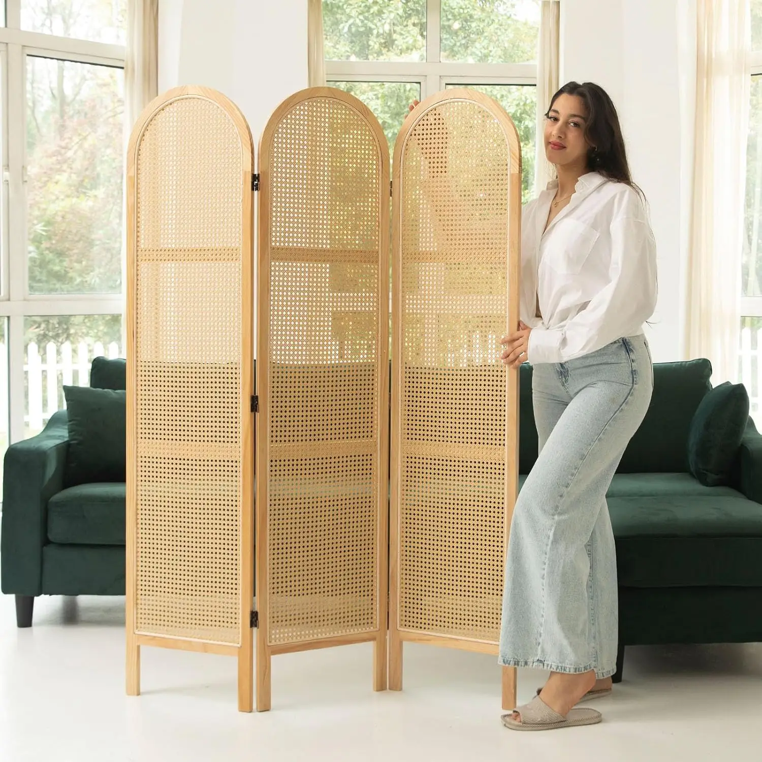 Room Dividers and Folding Privacy Screens, Pine Wood 5.6 Ft Double Hinged Rattan Partition Freestanding Wall Room, Customized
