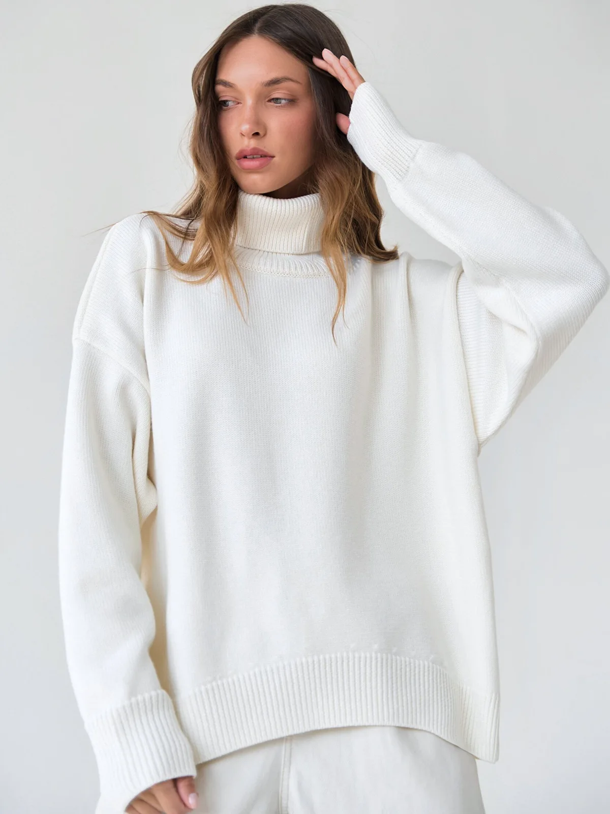 Fashion Women\'s Turtleneck Sweater Autumn Winter New Knit Pullover Oversized Jumper Female Loose Casual Solid White Sweater Tops