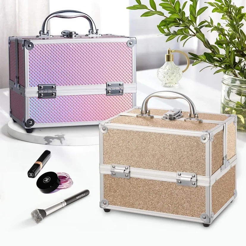 Portable Makeup Box Lock Mermaid Alloy Cosmetic Case with 4 Trays Girl's Jewelry Nail Hair Accessory Storage Organizer Suitcase