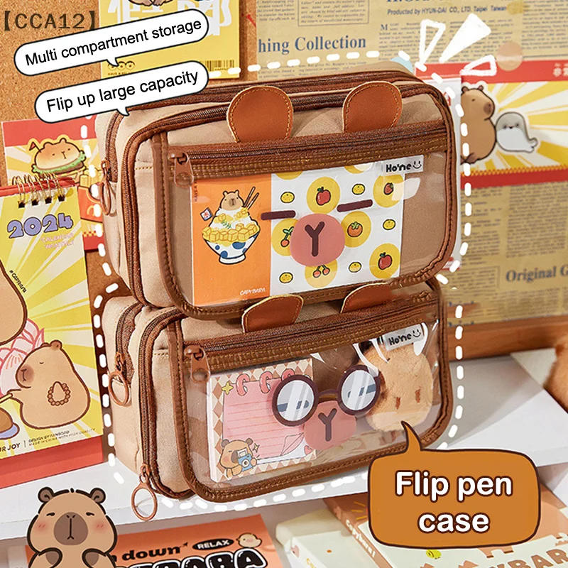 Large Capacity Kawaii Capybara Stationery Bag Flip Cover Multi Layer Capybara Pen Bag Cartoon Cute Animals 3D Ear Pencil Case