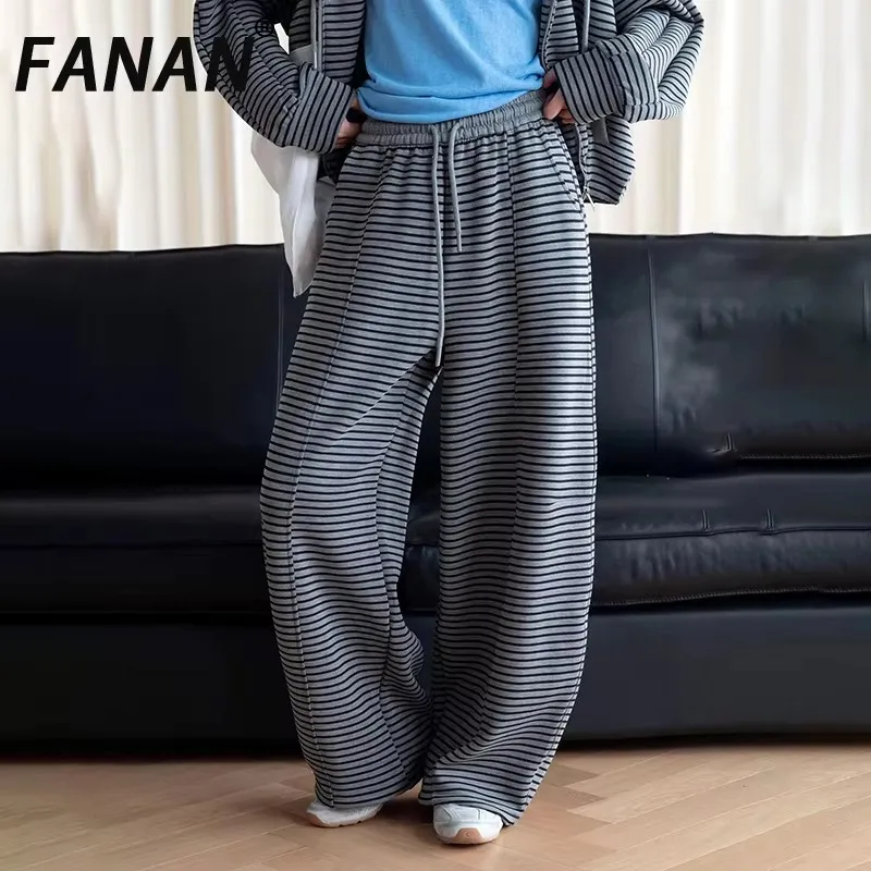 FANAN Autumn New Women Striped Wide Leg Sweatpants Elastic Waist Drawstring Loose Casual Stitching Detail High Waist Trousers