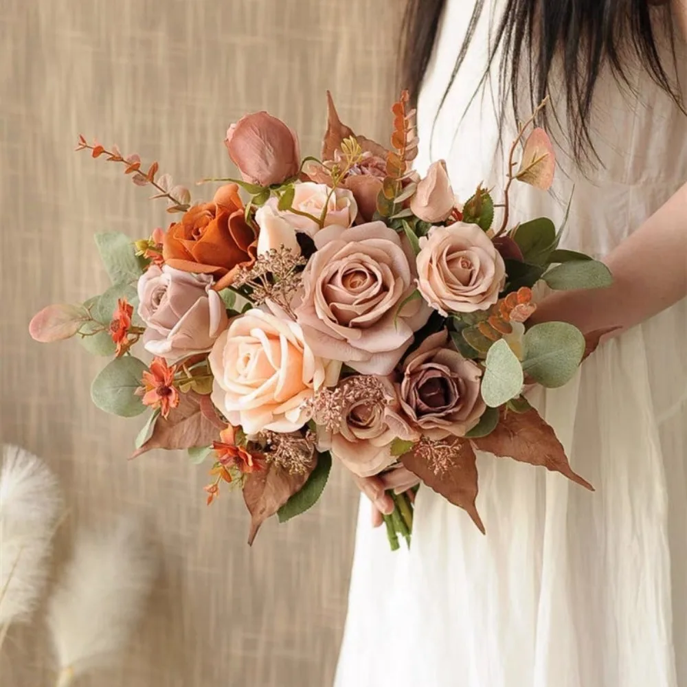 Ramo de flores secas para novia, flores secas de boda, color rosa terracota oxidado, estilo bohemio