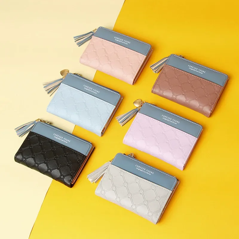 

Women Short Wallet Patchwork Small Zipper Purse Checked Embossed Tassel Wallets Cute Simple Card Holder Pink Mini Money Bag