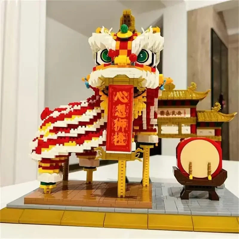 Mini blocos de construção decoração de ano novo tijolos diversão chinesa sorte dança leão fortuna gato brinquedos para crianças presente adulto