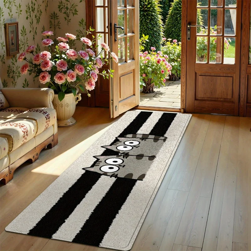 VIKAMA Black and White Striped Cat Pattern Bathroom Mat Noise-Reducing Anti-Slip Bathroom Rug Hallway Corridor Carpet Home Decor