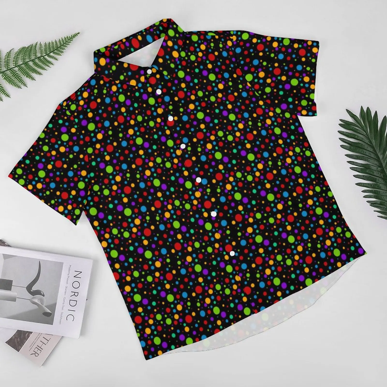 Polka Dot Rainbow Casual Shirt Mens Retro 60s Vacation Shirt Stylish Blouses Short-Sleeved Oversized