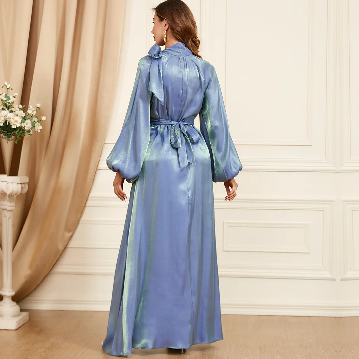 Modern Sle Long Sve Pure Color Belted Dr Arab Faion Women's Clothing A-Line Skirt Loose Waist Spring Summer