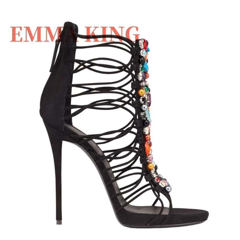 Multicolor Gem‑Embellished Gladiator Sandals for Women, Black Suede Open‑Toe Stiletto Heels, Luxury Party Evening Dress Shoes