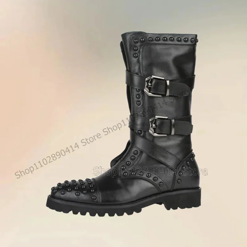 

Black Round Rivets Buckle Decor Sewing Design Boots Fashion Side Zipper Men Shoes Luxury Handmade Party Banquet Men Dress Shoes
