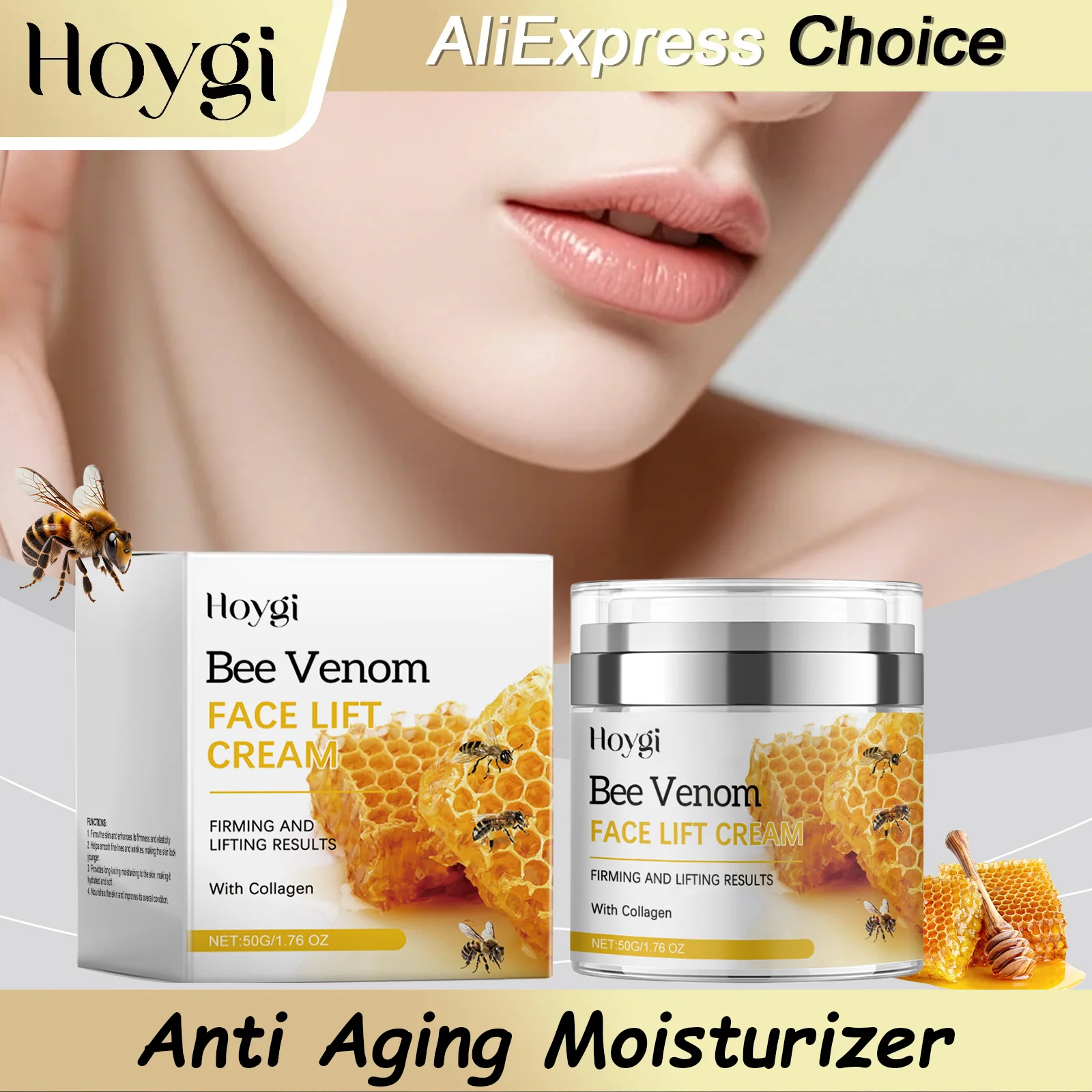 

HOYGI Bee Venom Instant Facial Lifting Cream Firms and Lifts Loose Skin Reducing Fine Lines Eye Bags Whitening Hydrate Skincare