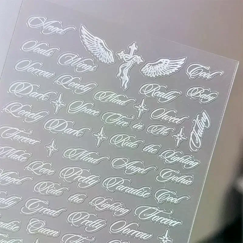 Black White Letter Words Nail Stickers Angel Wings Mixed Designs Holographic Y2K DIY Decorative No Peel Cool Art