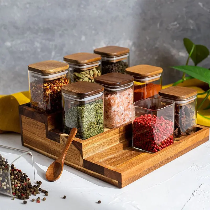 4Pcs Acacia Wood Cover Seasoning Jar Square Transparent Glass Bottles Kitchen Storage Salt Spice Restaurant Sealing Cans