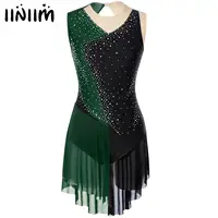 Body con falda de malla y diamantes de imitación brillantes para mujer, traje de gimnasia, patinaje artístico, Jersey de Ballet, vestido de baile lírico