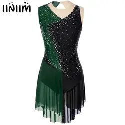Womens Sparkly Rhinestones Mesh Skirted Unitards Bodysuit Gymnastics Figure Skating Ballet Jersey Costume Lyrical Dance Dress