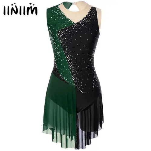 Body con falda de malla y diamantes de imitación brillantes para mujer, traje de gimnasia, patinaje artístico, Jersey de Ballet, vestido de baile lírico