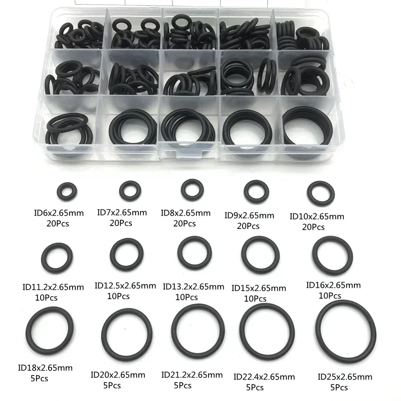 175Pcs NBR O-Ring Set ID 6mm~25mmxCS 2.65mm Multi-Size Sealing Rings for Industrial Maintenance, Automotive Repairs, Home Use