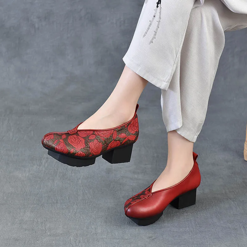 2025年ヘッドレイヤー牛革プリント新中国風粗ヒールレディースシューズエスニック風レトロシングルシューズ